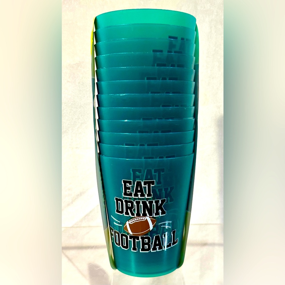 Set of 12 16 oz. reusable plastic cups, Eat drink Football.